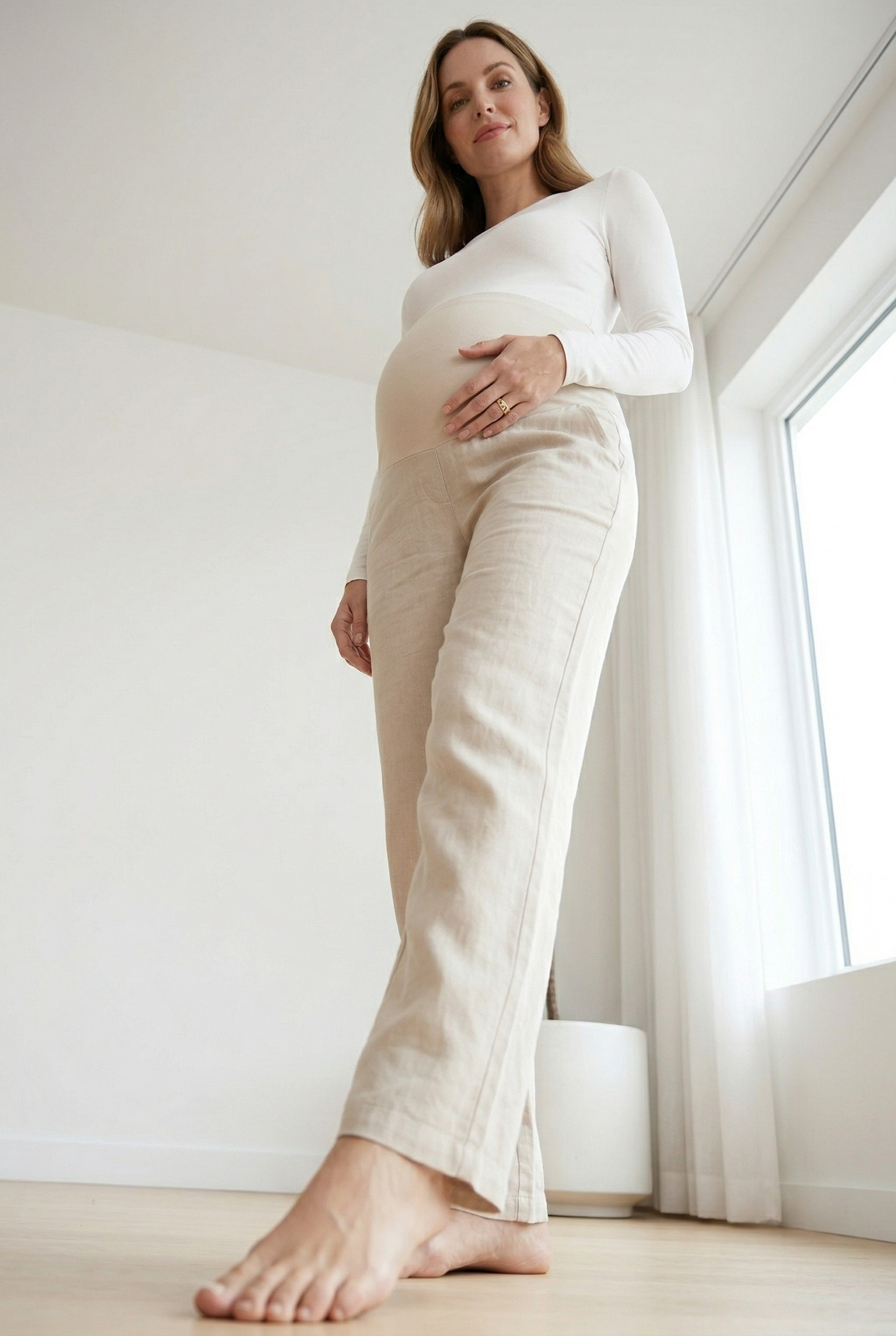 Women's Beige Over-Belly Maternity Wide-Leg Pants