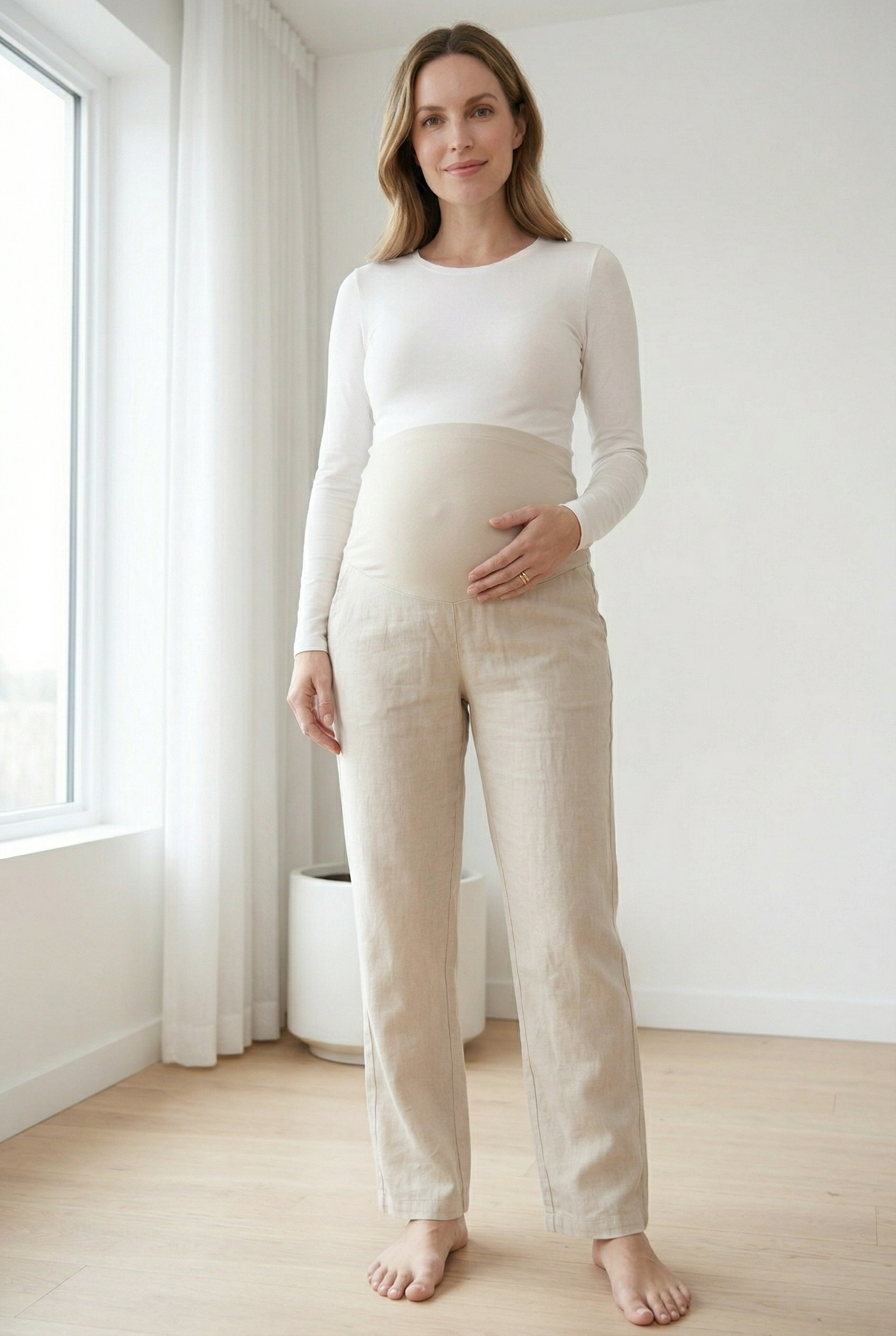 Women's Beige Over-Belly Maternity Wide-Leg Pants
